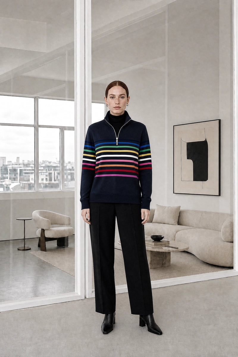 Dana | Striped Quarter-Zip Pullover in Navy Blue, studio front view