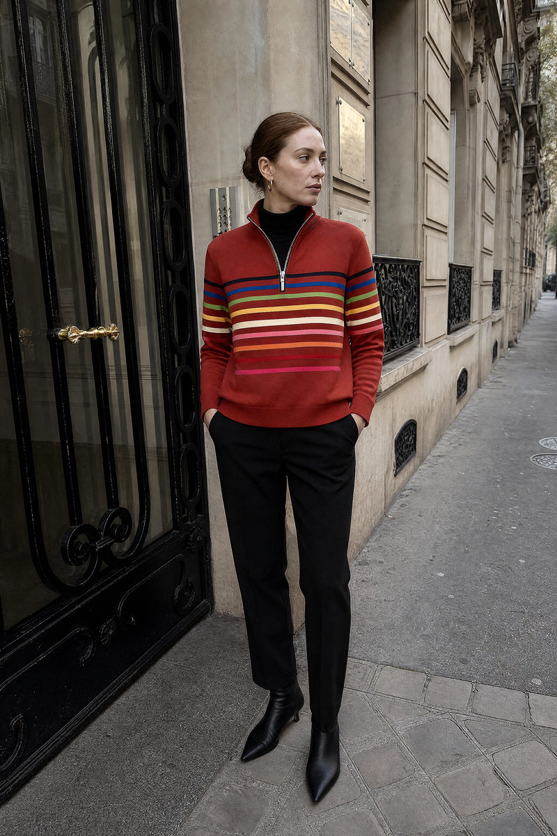 SOFAINE-V7-LIFE-Dana | Striped Quarter-Zip Pullover in Red, street-style view