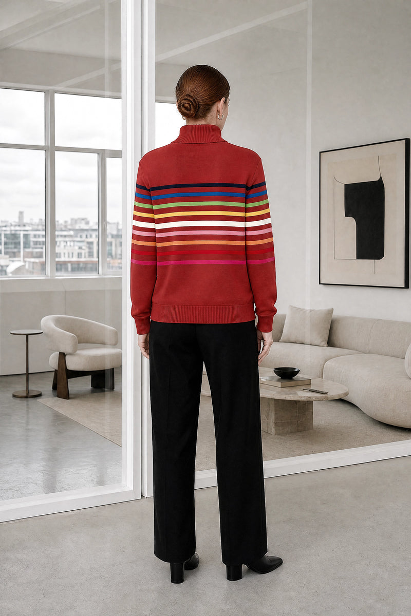 Dana | Striped Quarter-Zip Pullover in Red, studio back view