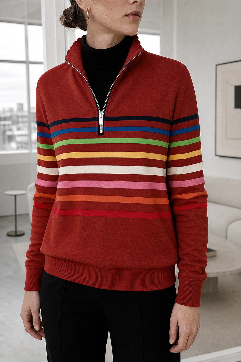 Dana | Striped Quarter-Zip Pullover in Red, fabric close-up