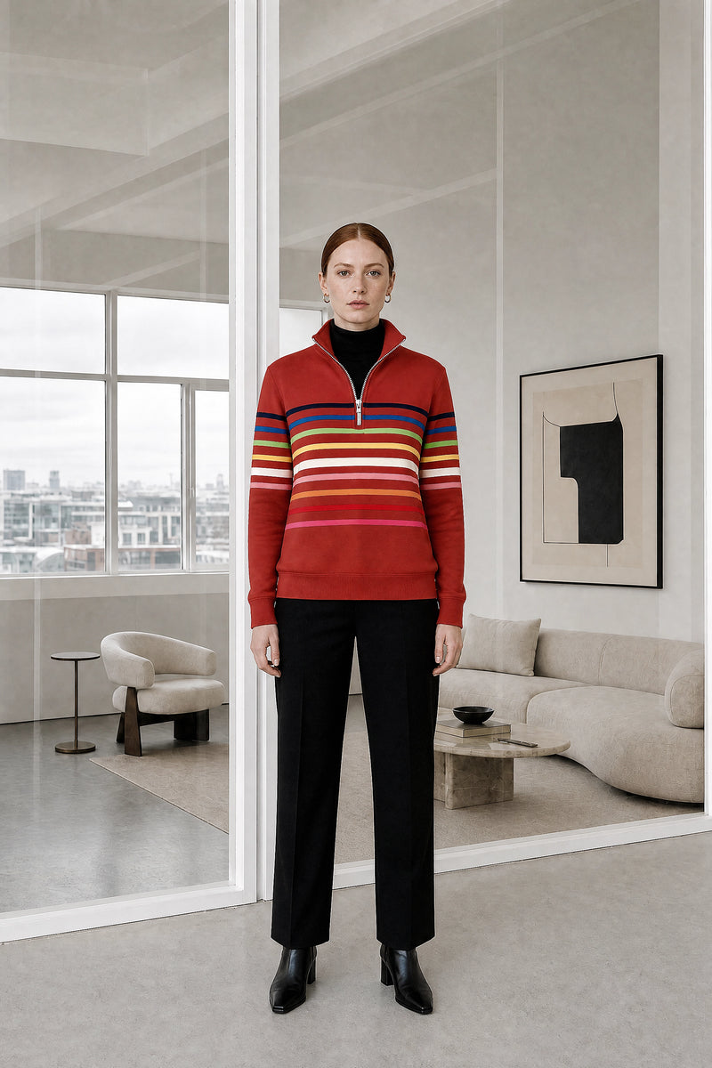 Dana | Striped Quarter-Zip Pullover in Red, studio front view