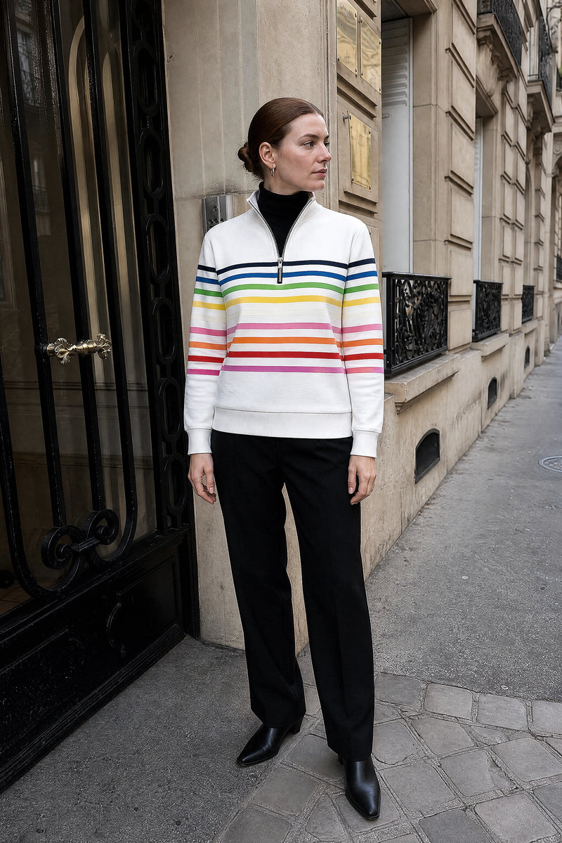 SOFAINE-V7-LIFE-Dana | Striped Quarter-Zip Pullover in White, street-style view