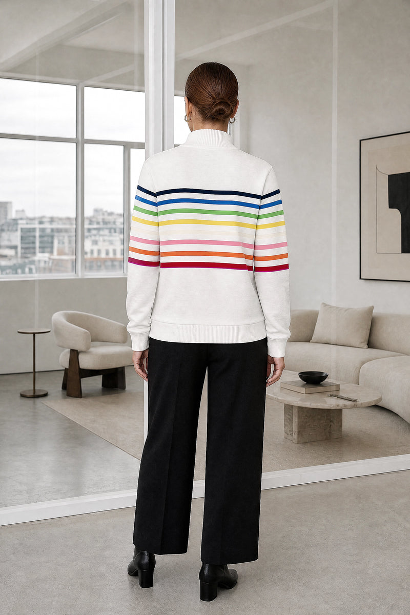 Dana | Striped Quarter-Zip Pullover in White, studio back view