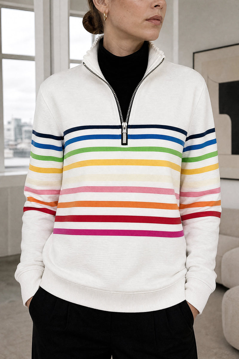 Dana | Striped Quarter-Zip Pullover in White, fabric close-up