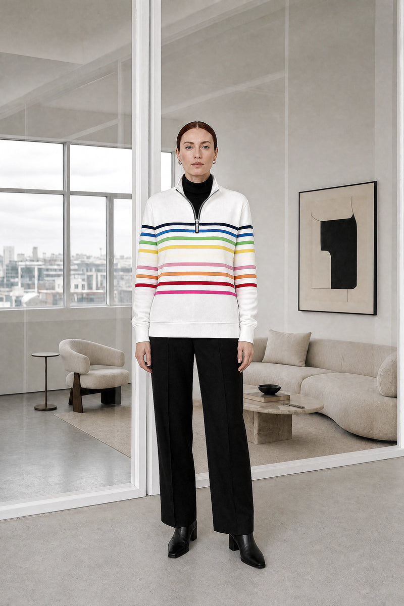 Dana | Striped Quarter-Zip Pullover in White, studio front view