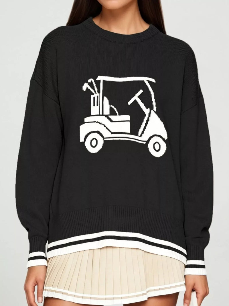 Golf Cart Crew Neck Sweater for Women with Striped Trim and Drop Shoulders in Black, front view