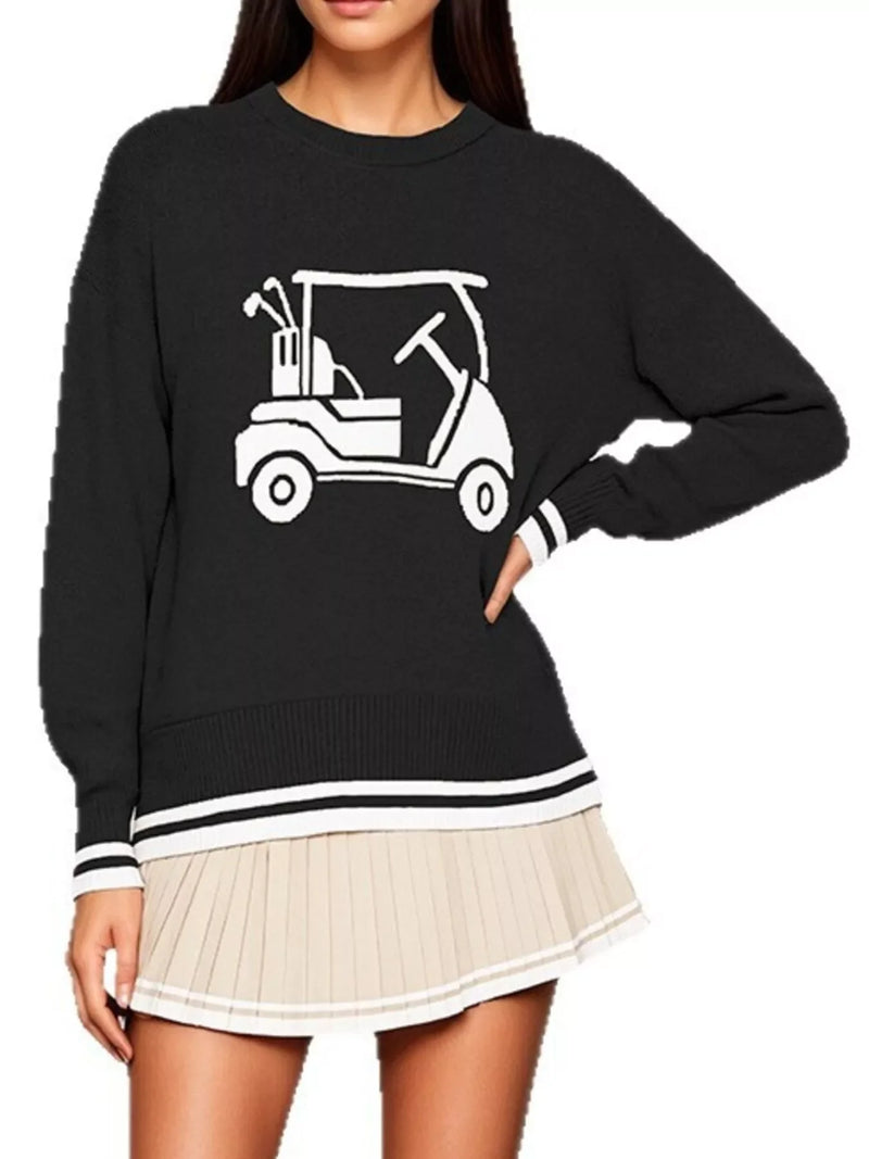 Golf Cart Crew Neck Sweater for Women with Striped Trim and Drop Shoulders in Black, styled view