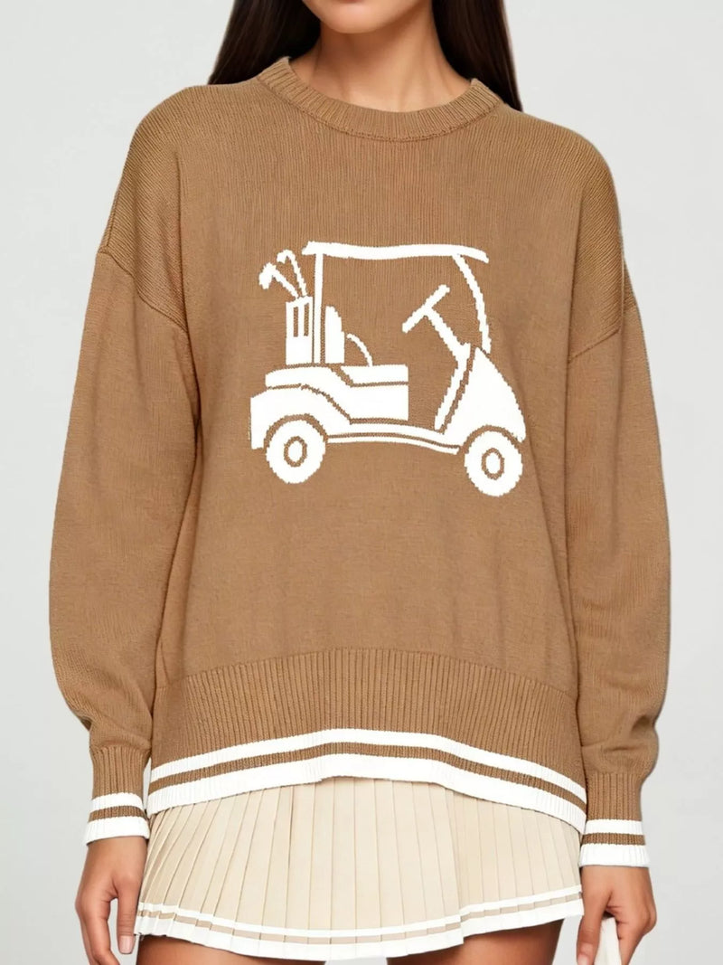 Golf Cart Crew Neck Sweater for Women with Striped Trim and Drop Shoulders in Khaki, front view