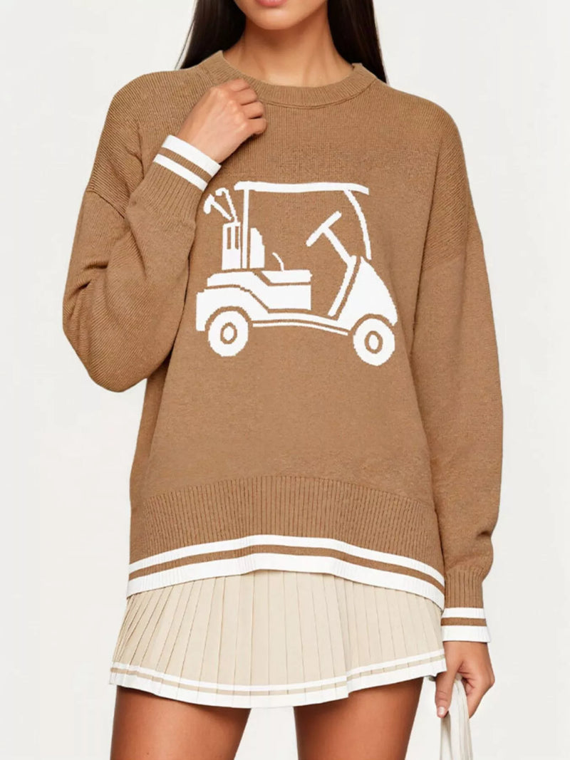 Golf Cart Crew Neck Sweater for Women with Striped Trim and Drop Shoulders in Khaki, styled view
