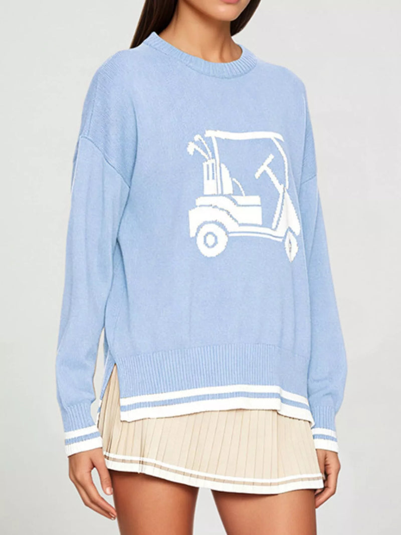 Golf Cart Crew Neck Sweater for Women with Striped Trim and Drop Shoulders in Light Blue, angled front view