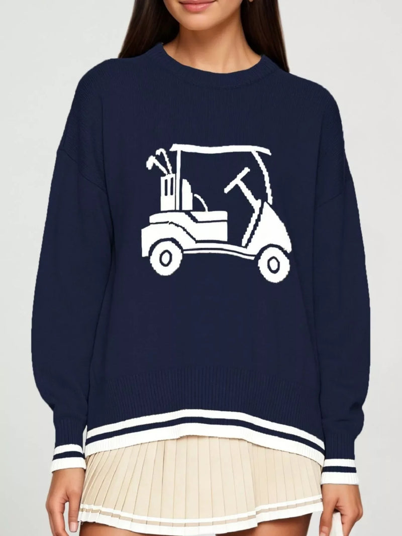 Golf Cart Crew Neck Sweater for Women with Striped Trim and Drop Shoulders in Navy, front view