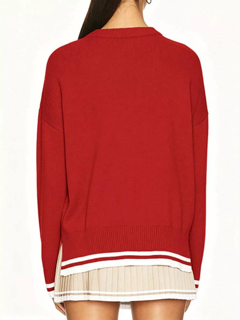 Golf Cart Crew Neck Sweater for Women with Striped Trim and Drop Shoulders in Red, back view