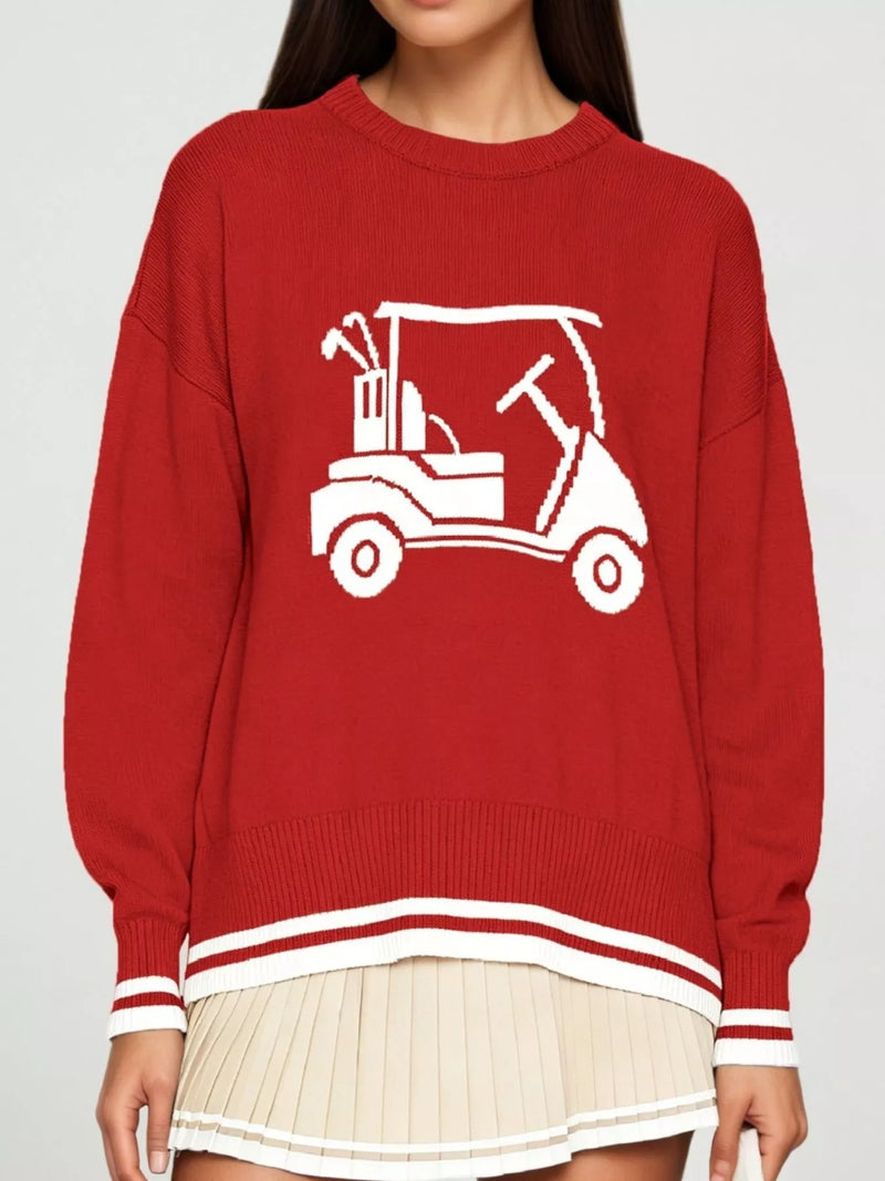Golf Cart Crew Neck Sweater for Women with Striped Trim and Drop Shoulders in Red, front view
