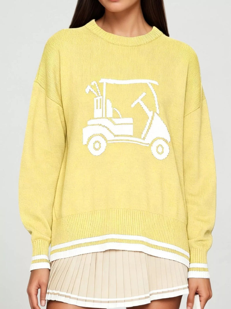 Golf Cart Crew Neck Sweater for Women with Striped Trim and Drop Shoulders in Yellow, front view
