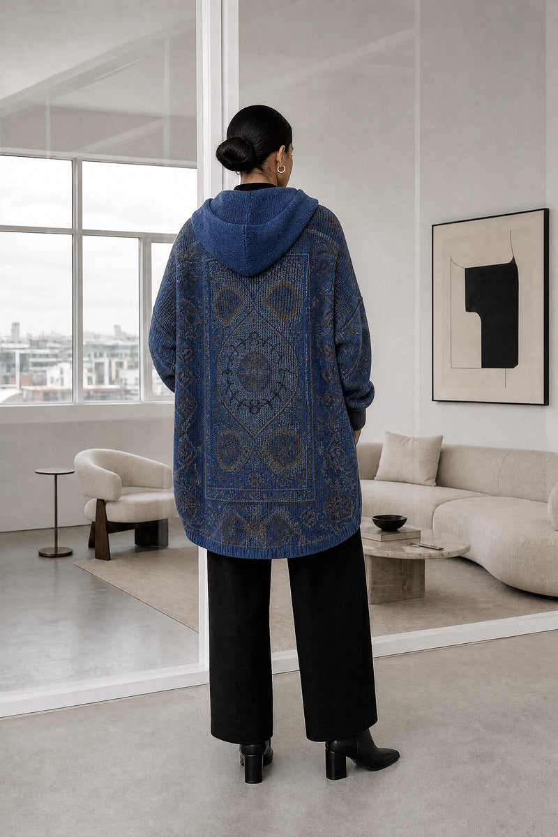 Danielle | Ethnic Print Hoodie in Blue, studio back view