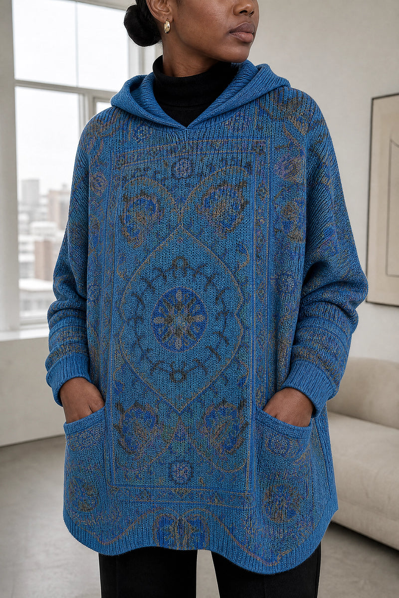Danielle | Ethnic Print Hoodie in Blue, fabric close-up