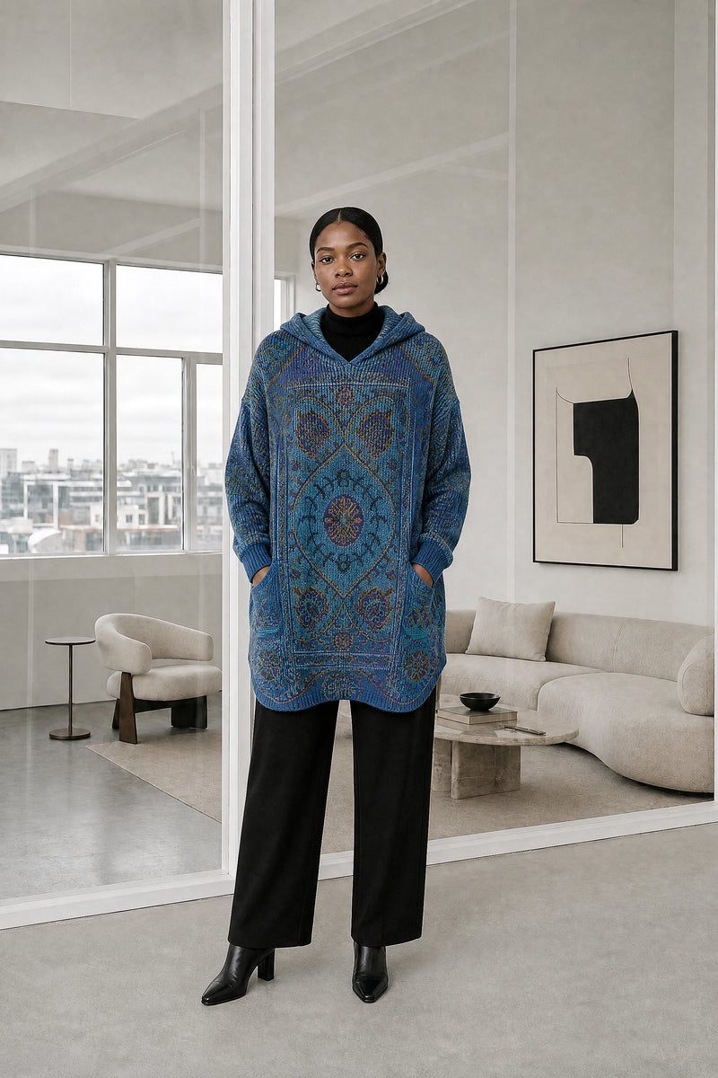 Danielle | Ethnic Print Hoodie in Blue, studio front view