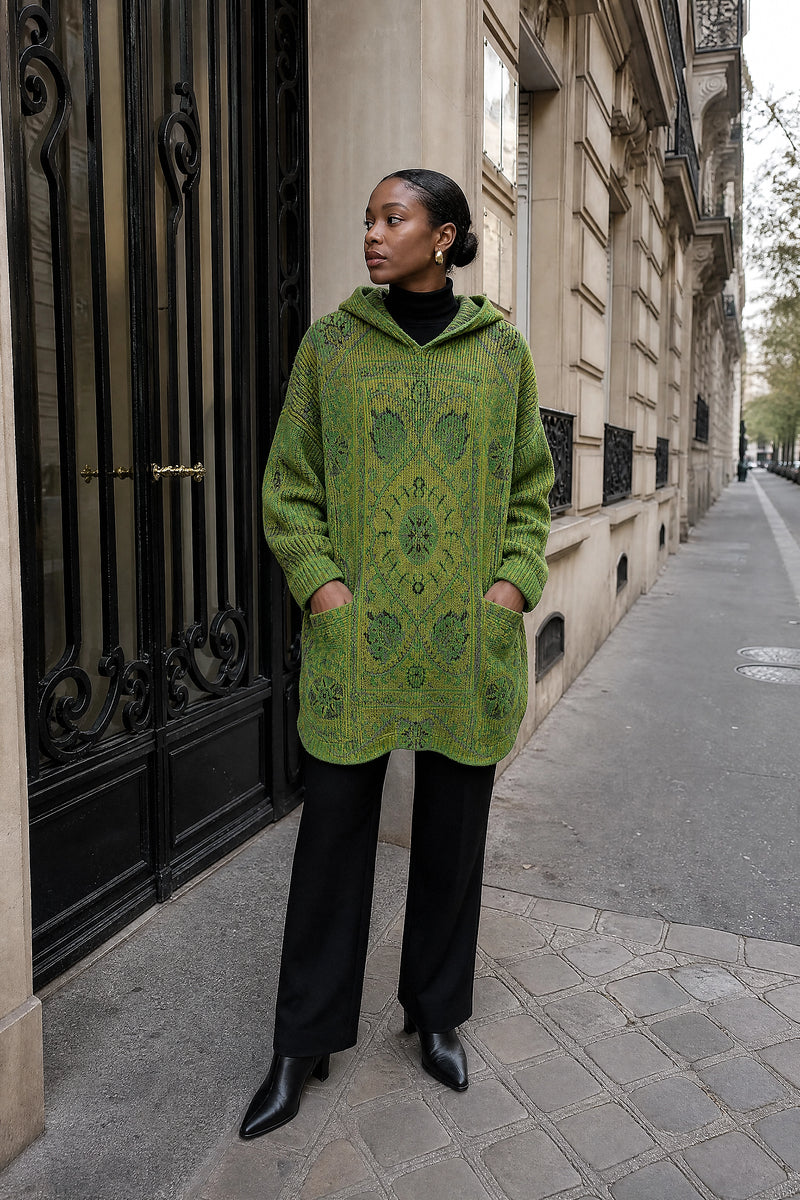 SOFAINE-V7-LIFE-Danielle | Ethnic Print Hoodie in Green, street-style view