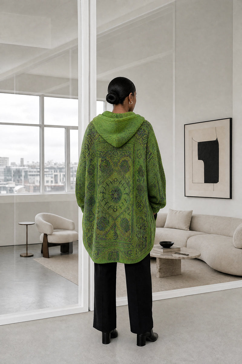 Danielle | Ethnic Print Hoodie in Green, studio back view