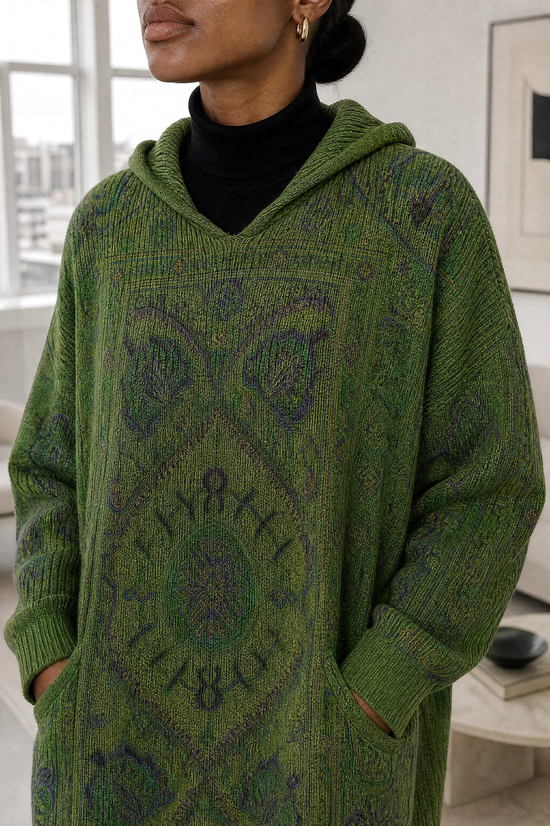 Danielle | Ethnic Print Hoodie in Green, fabric close-up