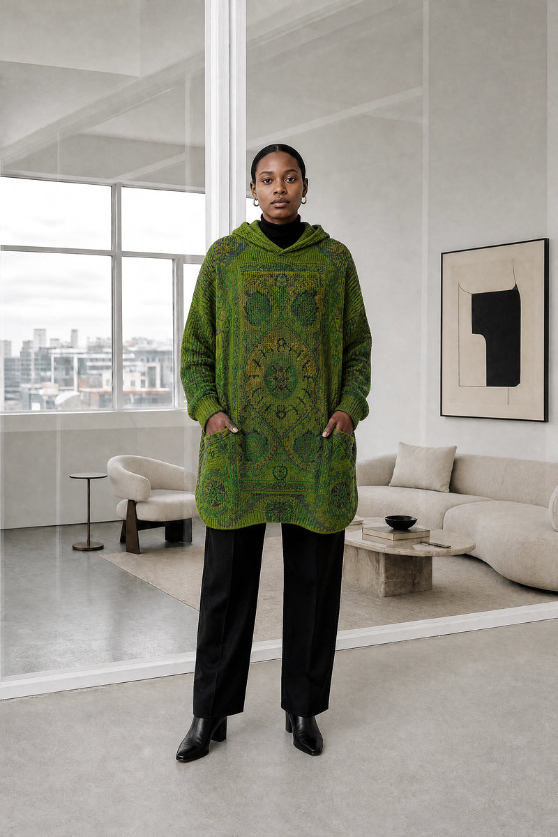 Danielle | Ethnic Print Hoodie in Green, studio front view