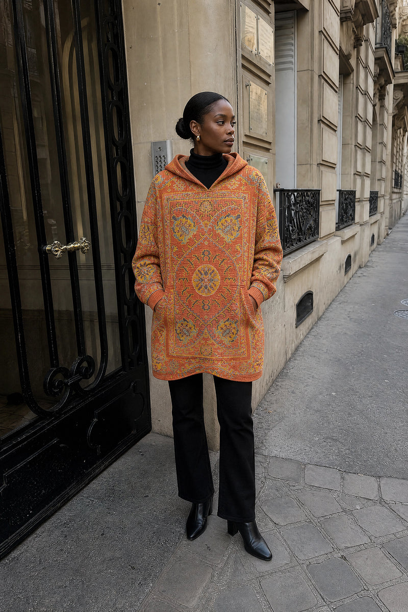 SOFAINE-V7-LIFE-Danielle | Ethnic Print Hoodie in Orange, street-style view