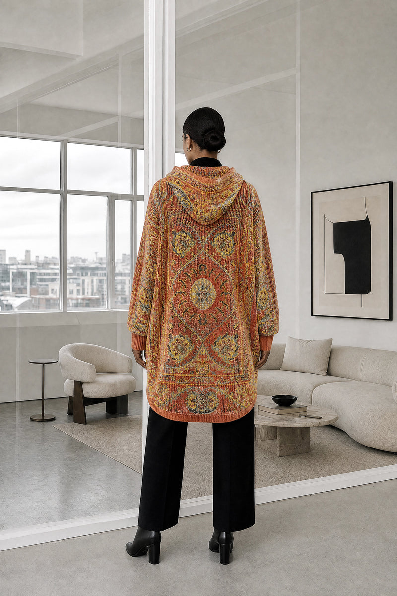 Danielle | Ethnic Print Hoodie in Orange, studio back view