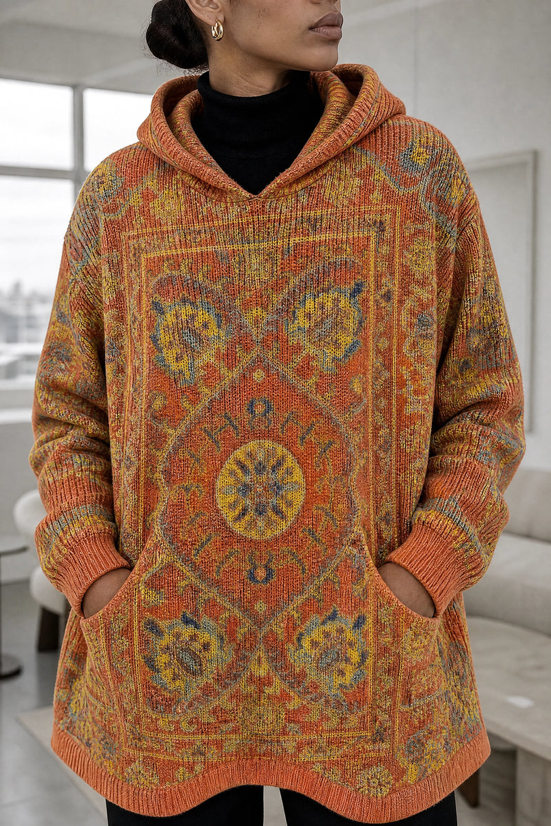Danielle | Ethnic Print Hoodie in Orange, fabric close-up