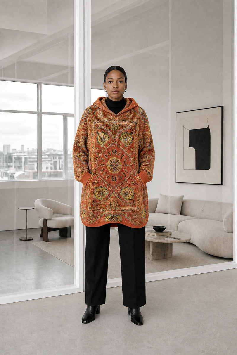 Danielle | Ethnic Print Hoodie in Orange, studio front view