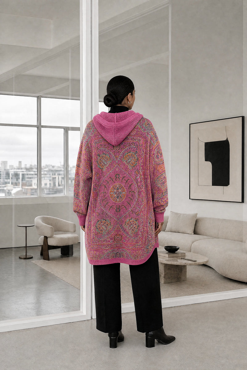 Danielle | Ethnic Print Hoodie in Pink, studio back view