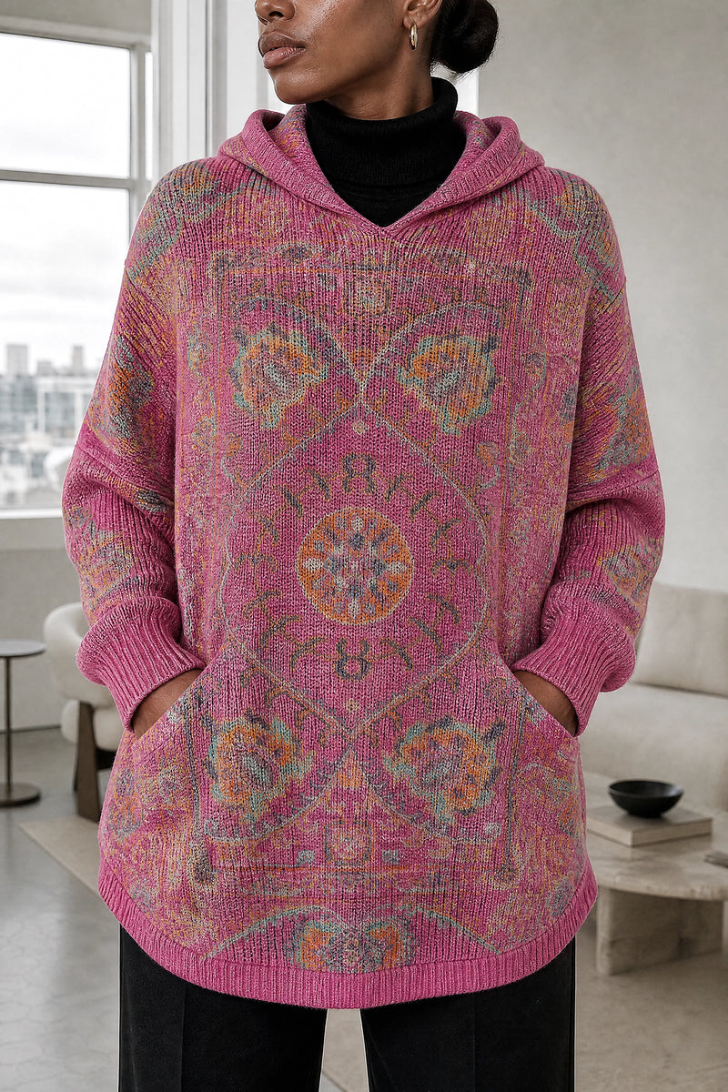Danielle | Ethnic Print Hoodie in Pink, fabric close-up