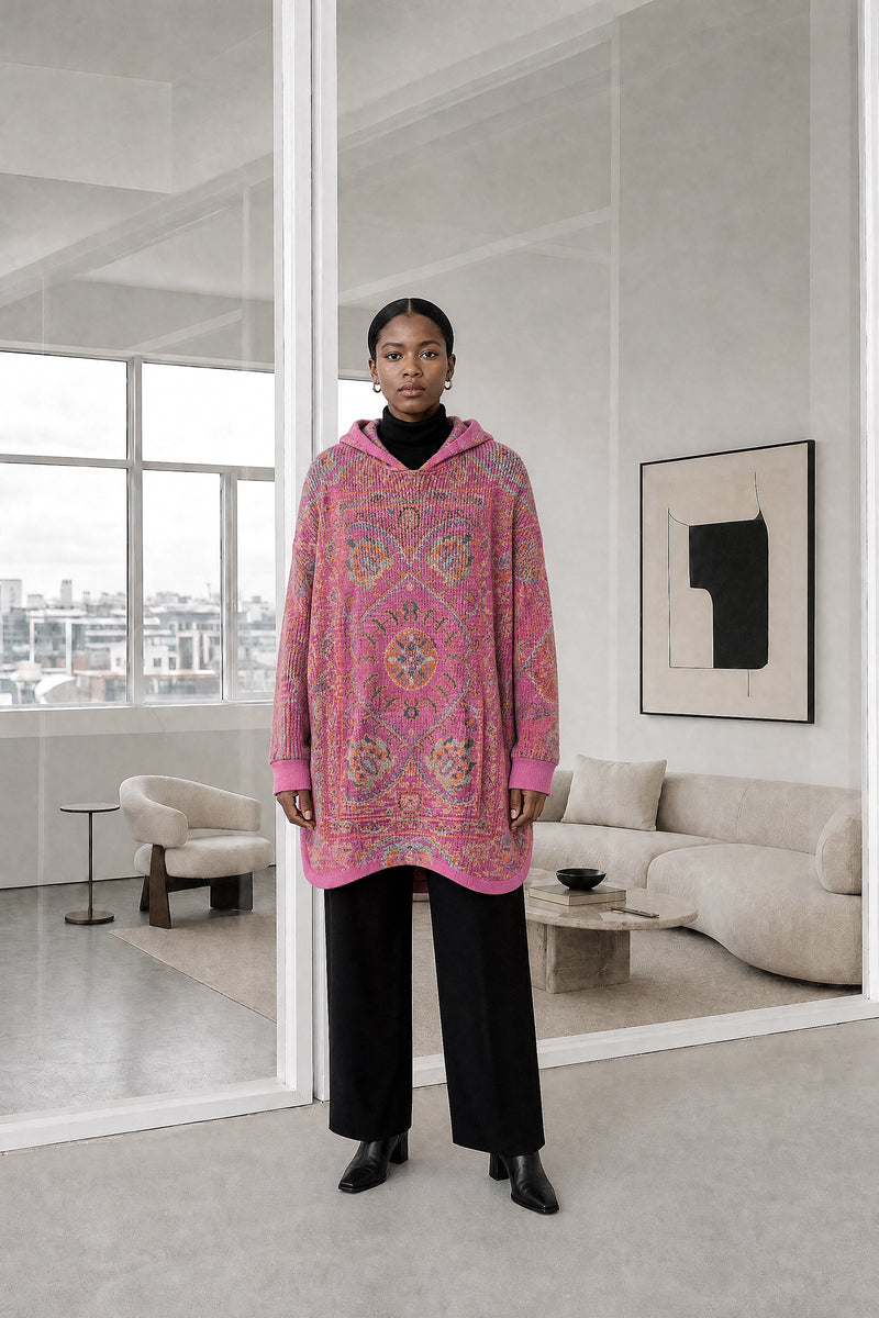 Danielle | Ethnic Print Hoodie in Pink, studio front view