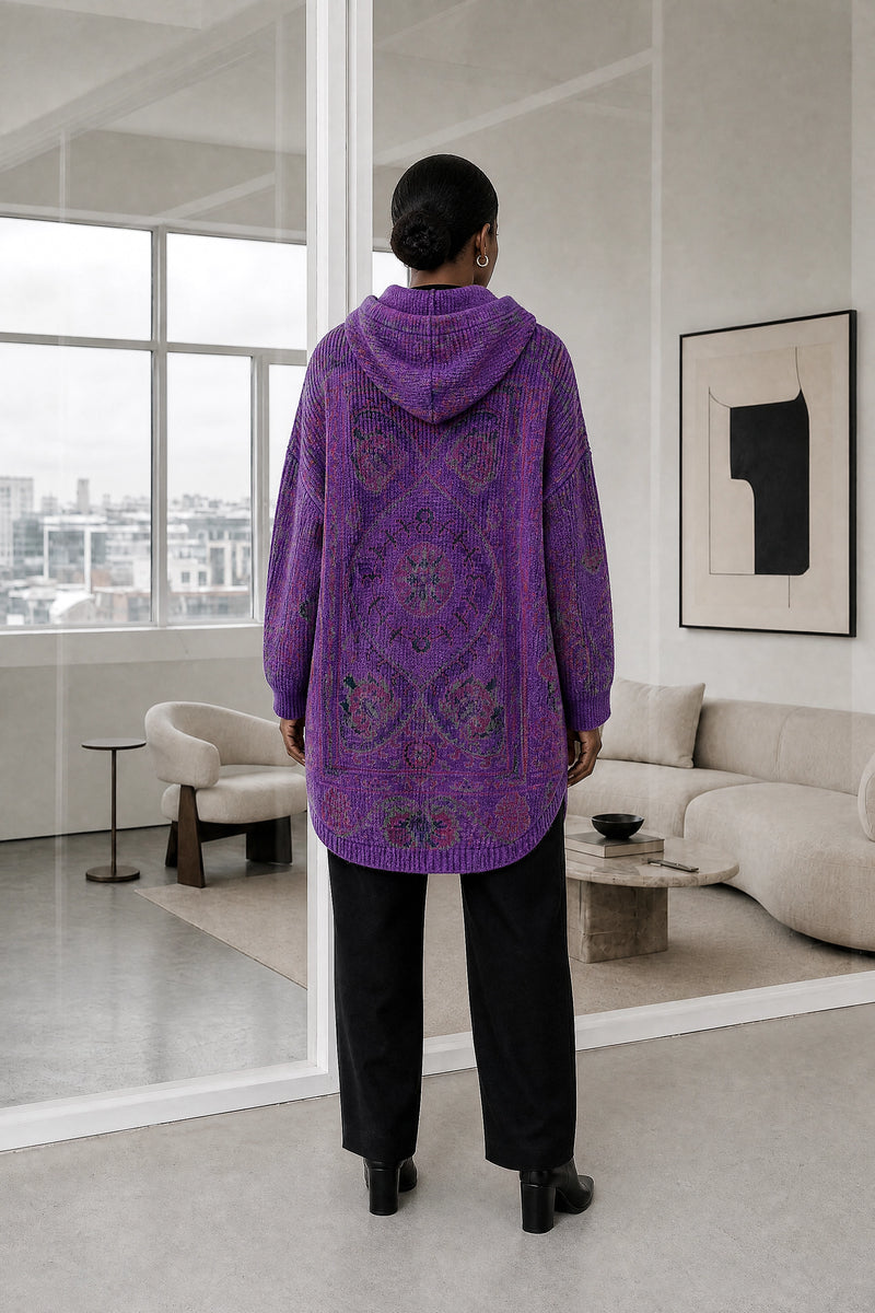 Danielle | Ethnic Print Hoodie in Purple, studio back view