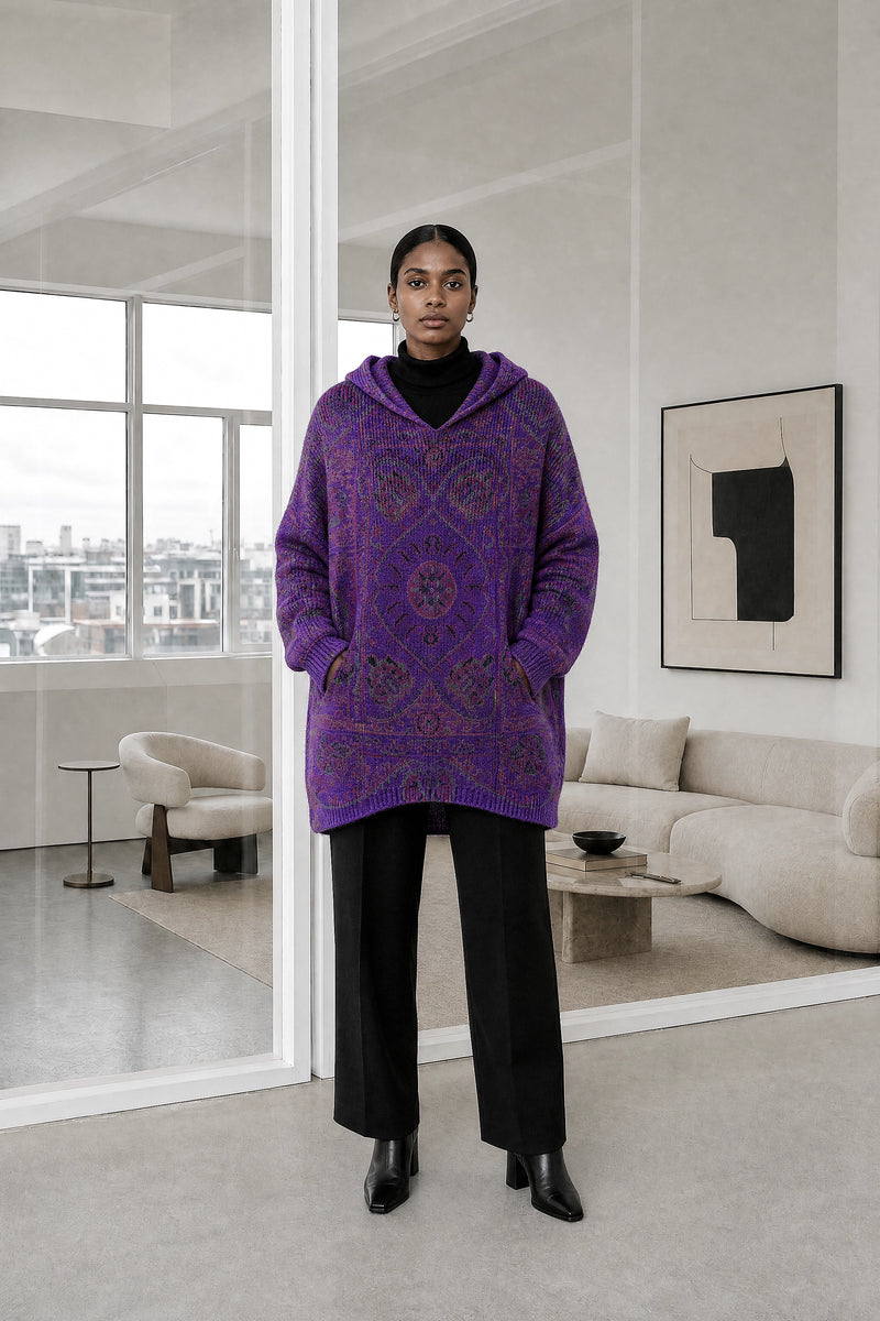 Danielle | Ethnic Print Hoodie in Purple, studio front view