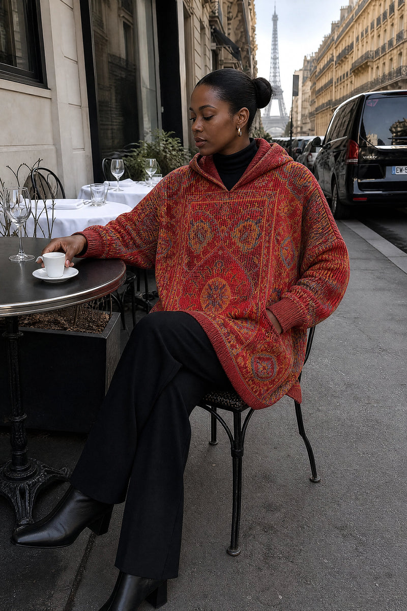 SOFAINE-V7-LIFE-Danielle | Ethnic Print Hoodie in Red, café scene