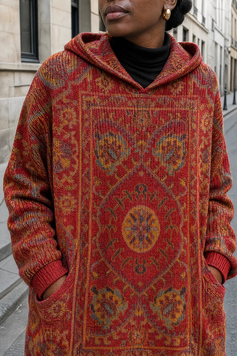 SOFAINE-V7-LIFE-Danielle | Ethnic Print Hoodie in Red, detail close-up