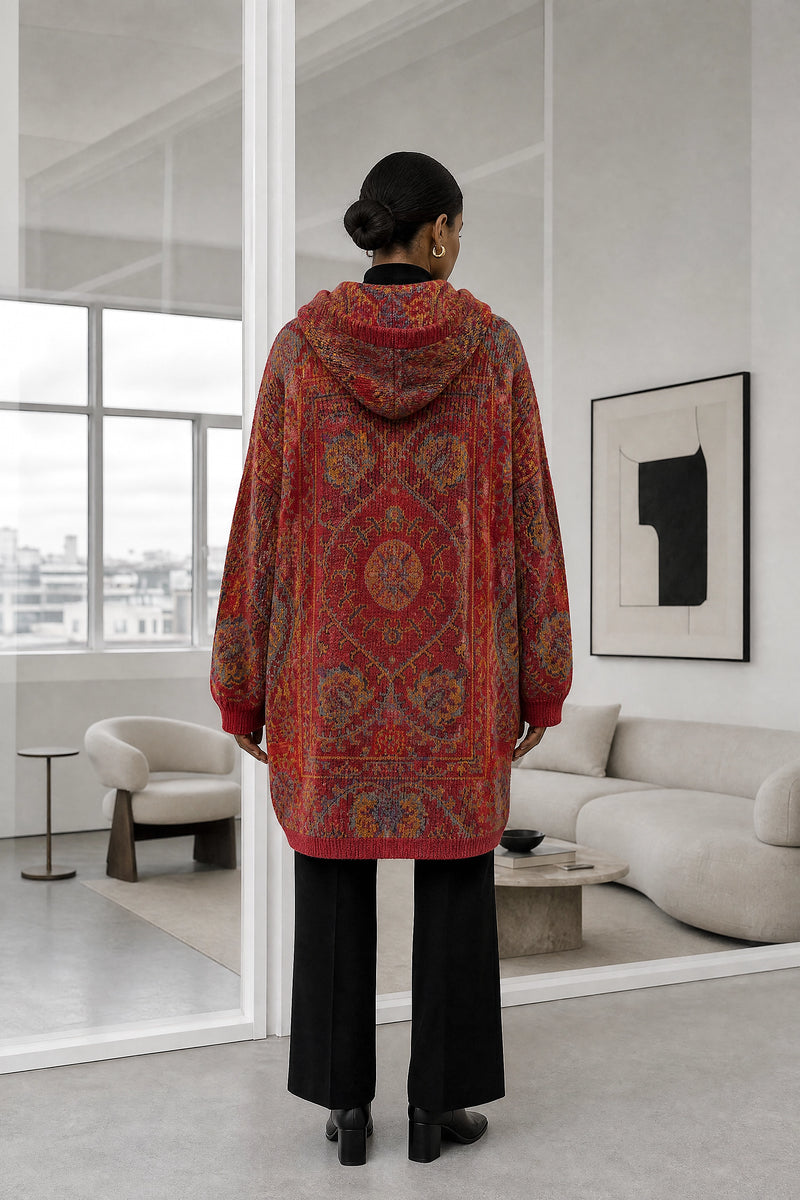 Danielle | Ethnic Print Hoodie in Red, studio back view