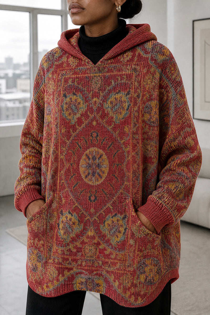 Danielle | Ethnic Print Hoodie in Red, fabric close-up