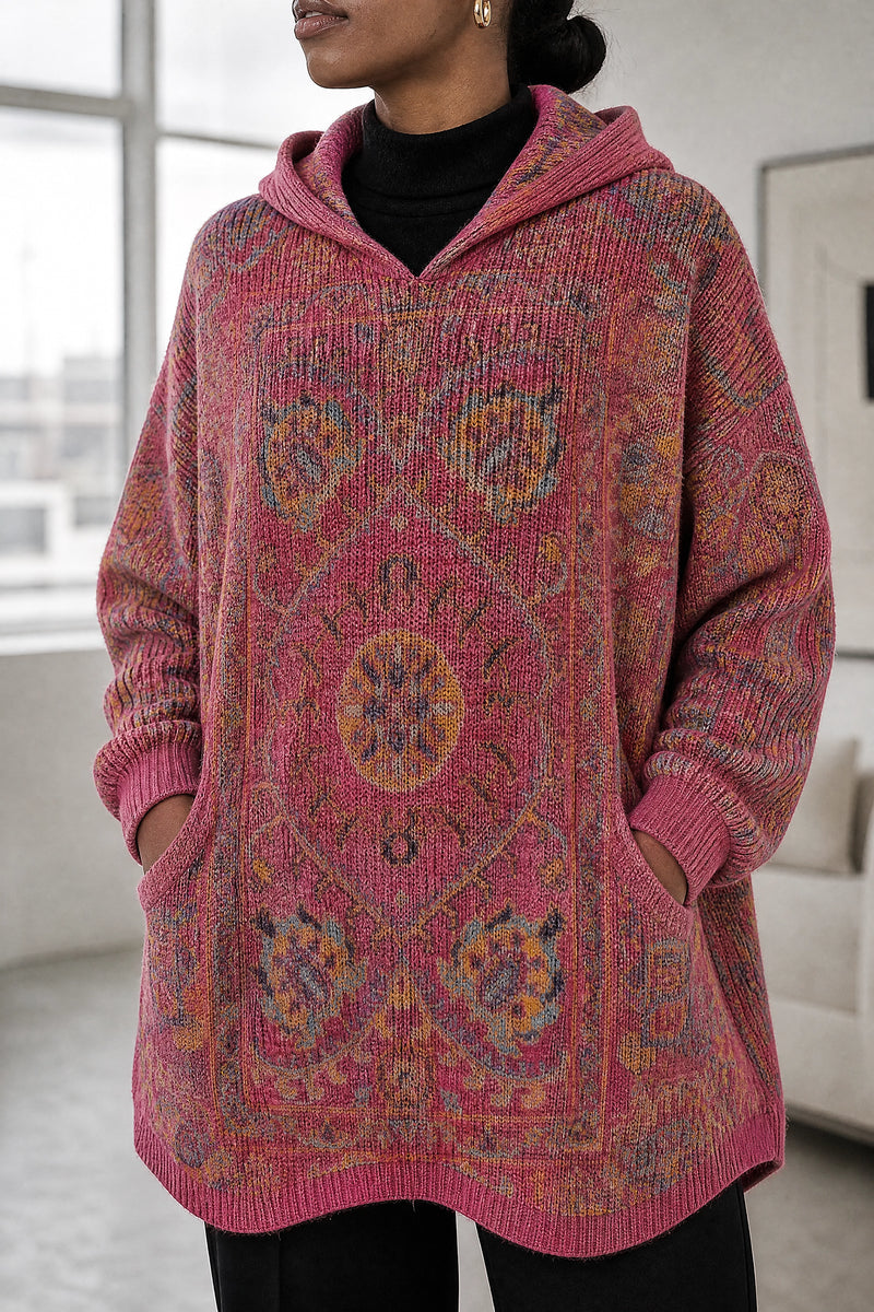 Danielle | Ethnic Print Hoodie in Rose, fabric close-up