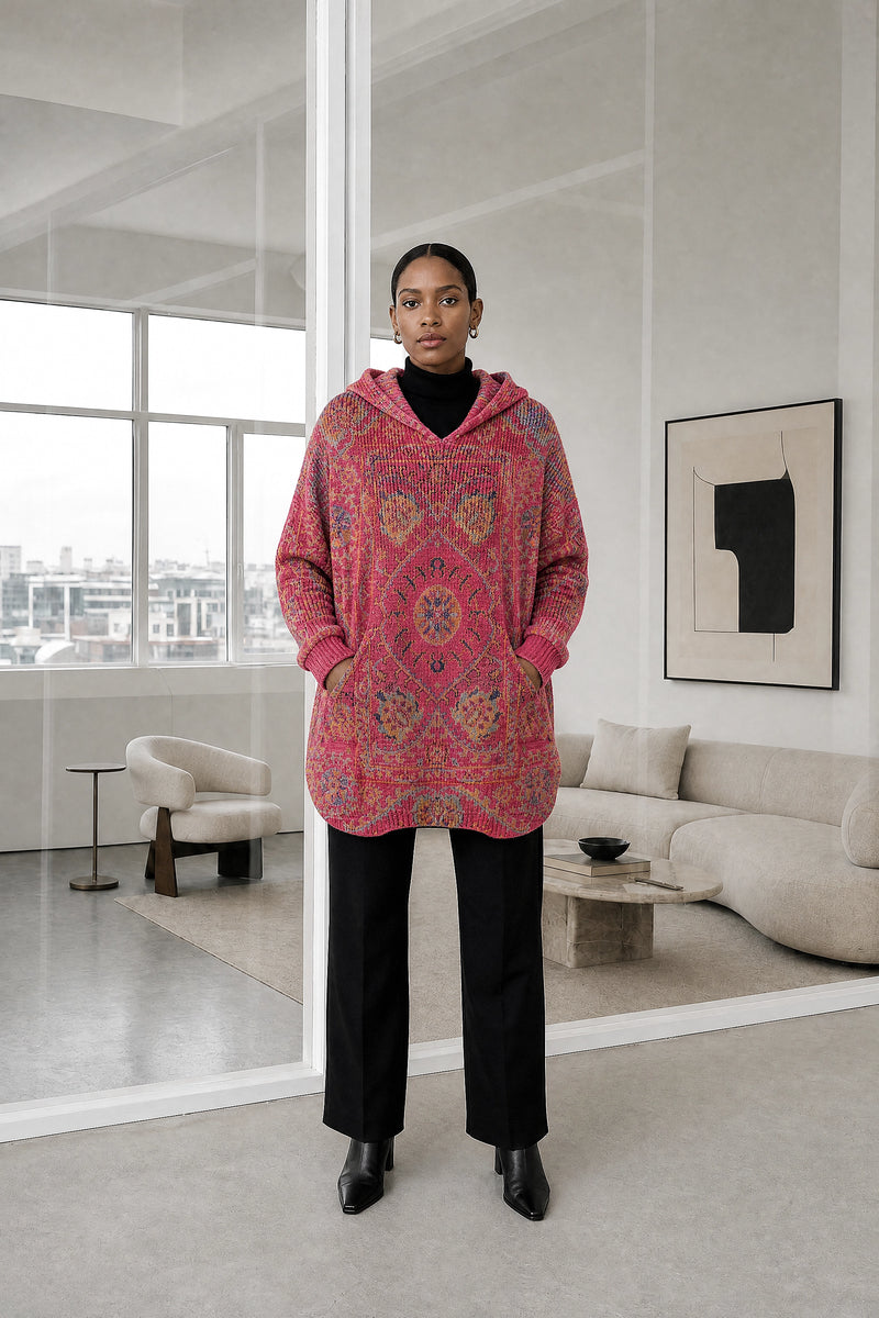 Danielle | Ethnic Print Hoodie in Rose, studio front view