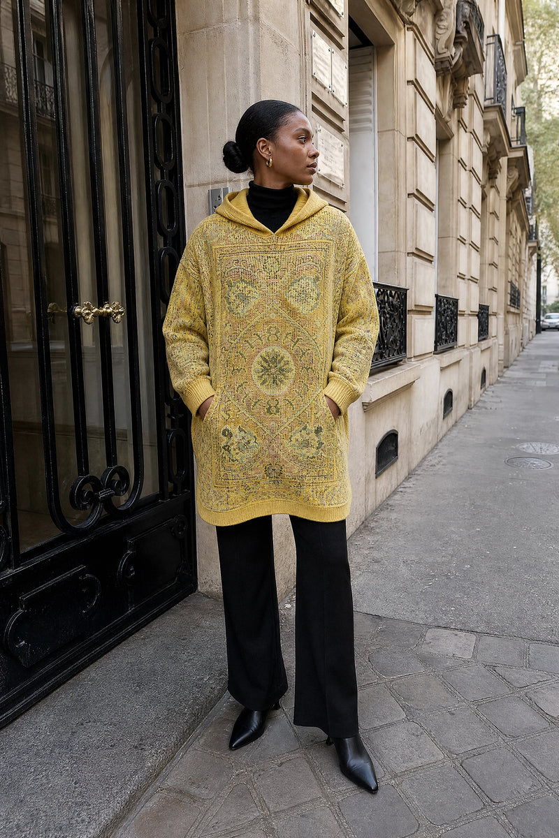 SOFAINE-V7-LIFE-Danielle | Ethnic Print Hoodie in Yellow, street-style view