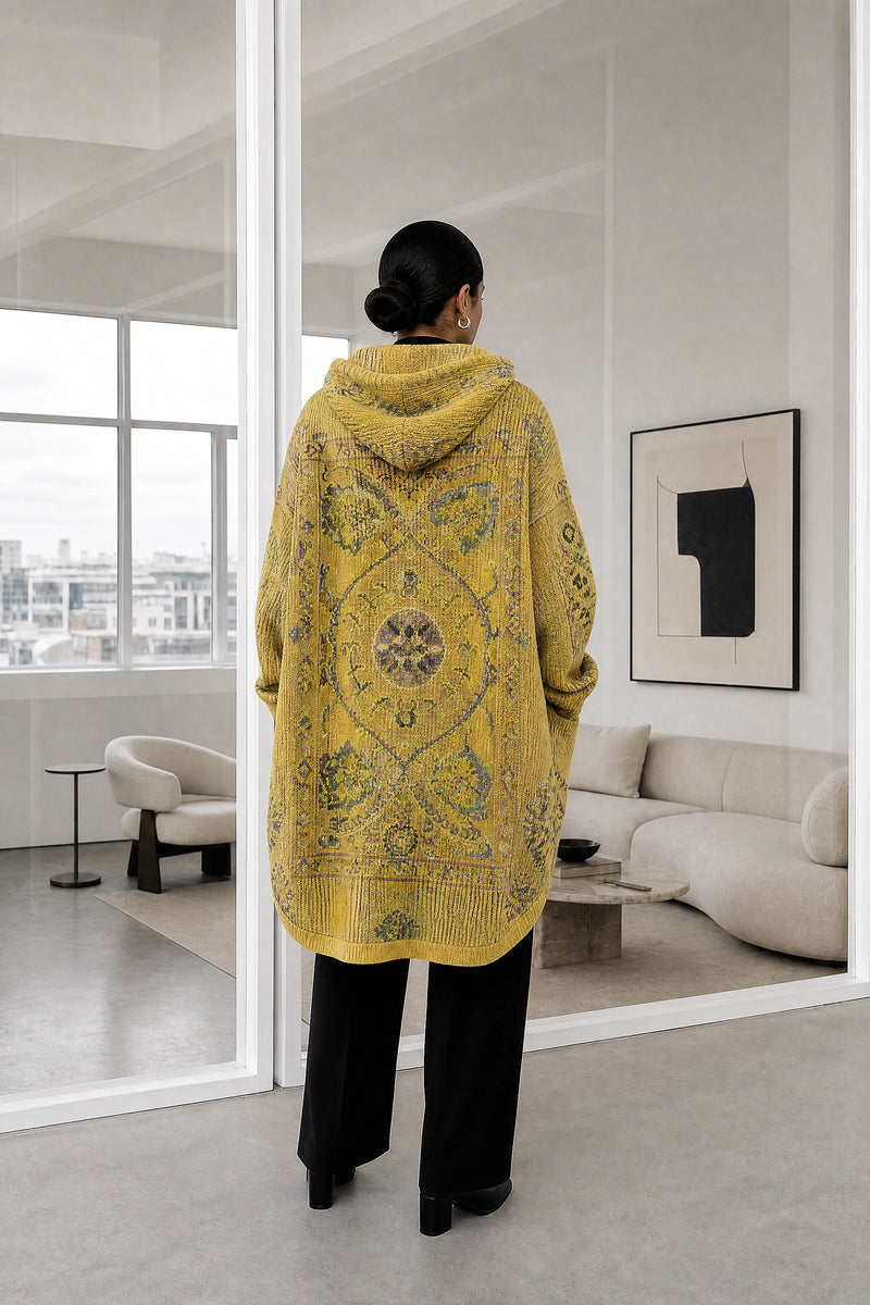 Danielle | Ethnic Print Hoodie in Yellow, studio back view