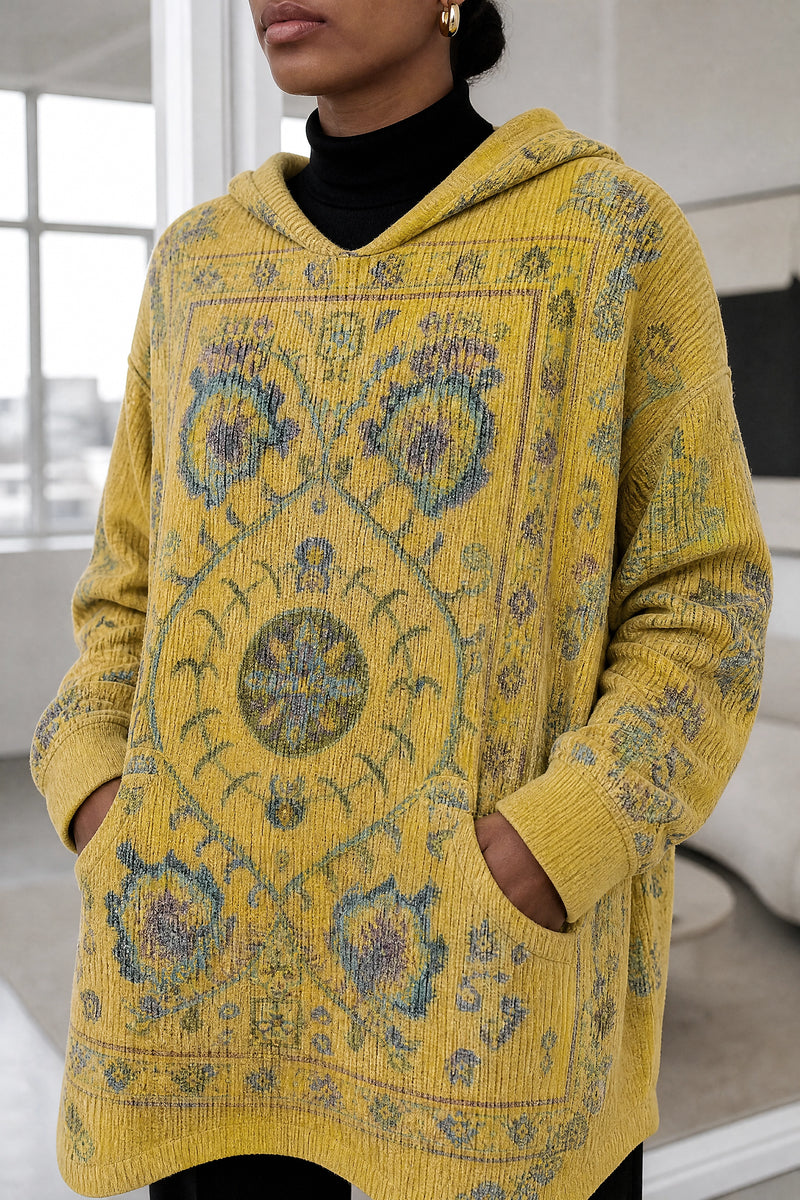 Danielle | Ethnic Print Hoodie in Yellow, fabric close-up