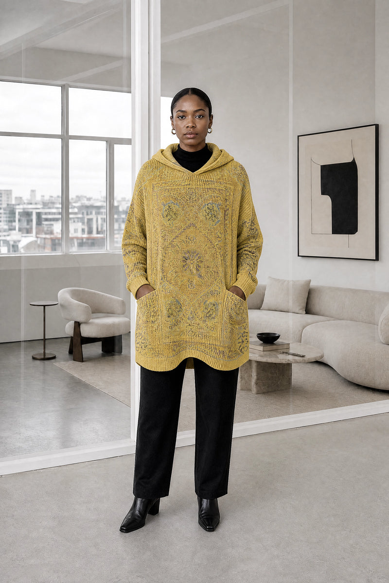 Danielle | Ethnic Print Hoodie in Yellow, studio front view