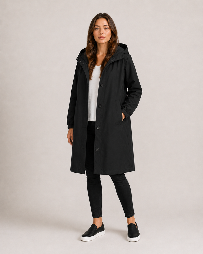 Hooded Rain Coat for Women with Button Front and Side Pockets in Black, front view