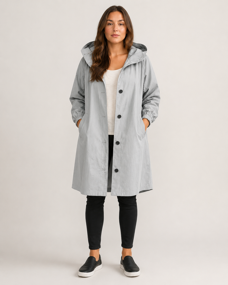 Hooded Rain Coat for Women with Button Front and Side Pockets in Gray, front view