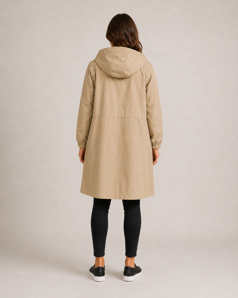 Hooded Rain Coat for Women with Button Front and Side Pockets in Khaki, back view