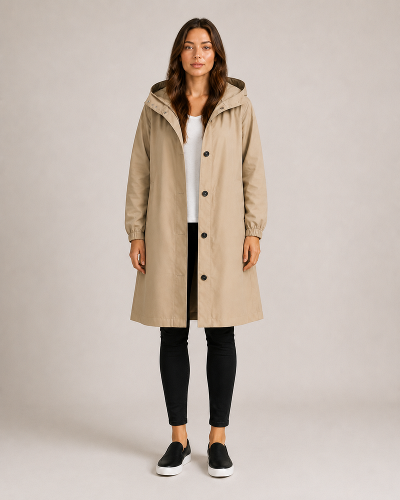 Hooded Rain Coat for Women with Button Front and Side Pockets in Khaki, open front view
