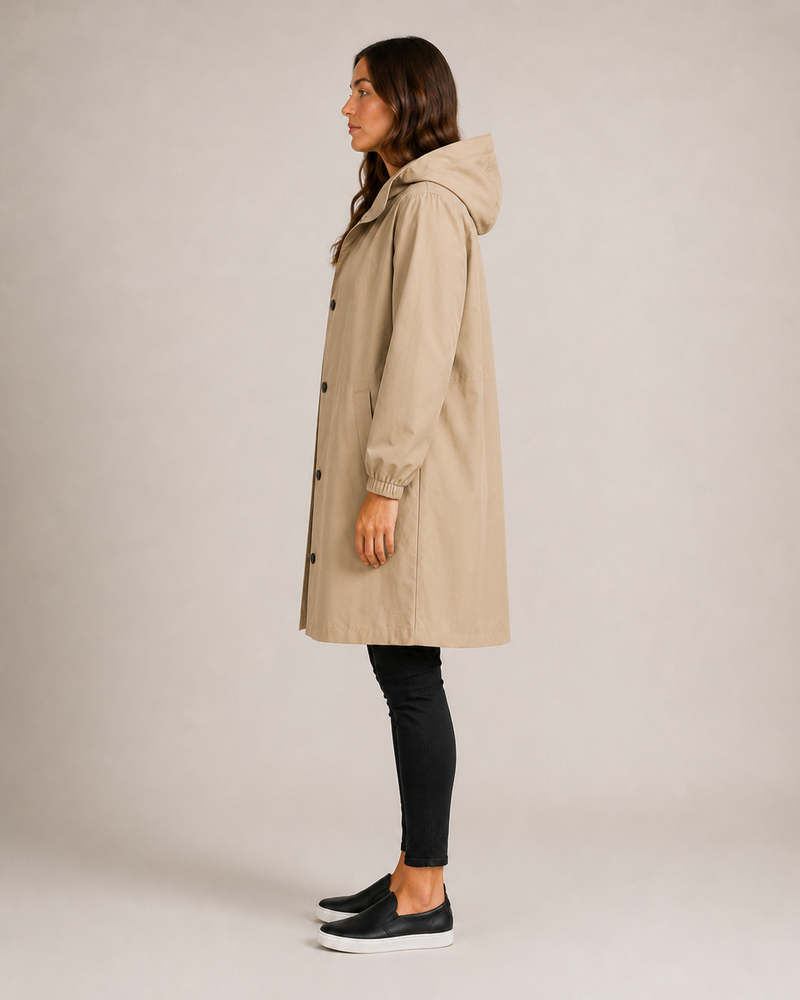 Hooded Rain Coat for Women with Button Front and Side Pockets in Khaki, side view