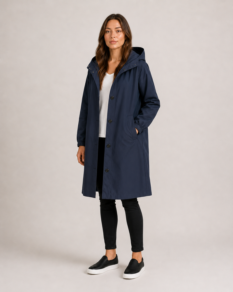Hooded Rain Coat for Women with Button Front and Side Pockets in Navy Blue, front view